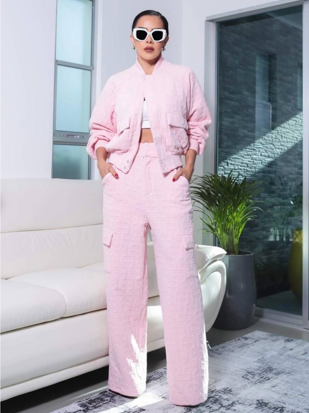 Quilted Pink Wide-Leg Cargo Track suit Set